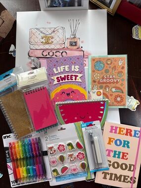 9 Assorted Notebooks & Journals & Stickers & Erasers & Colored Pens NEW 🩷
